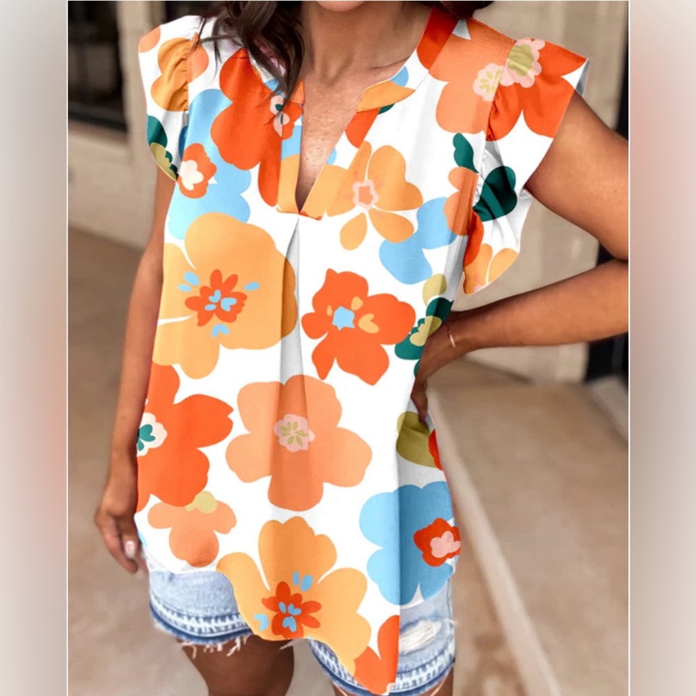 Orange Floral Notched Vneck Ruffled Sleeve Blouse
